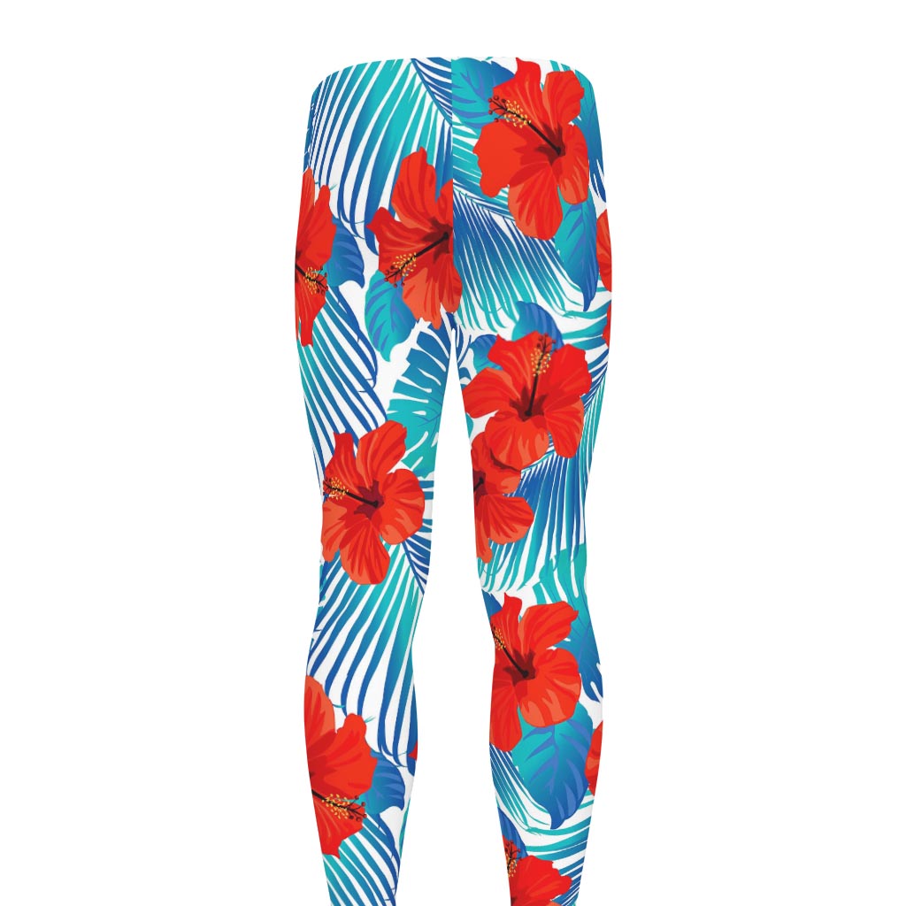 Blue Tropical Hibiscus Pattern Print Men's leggings