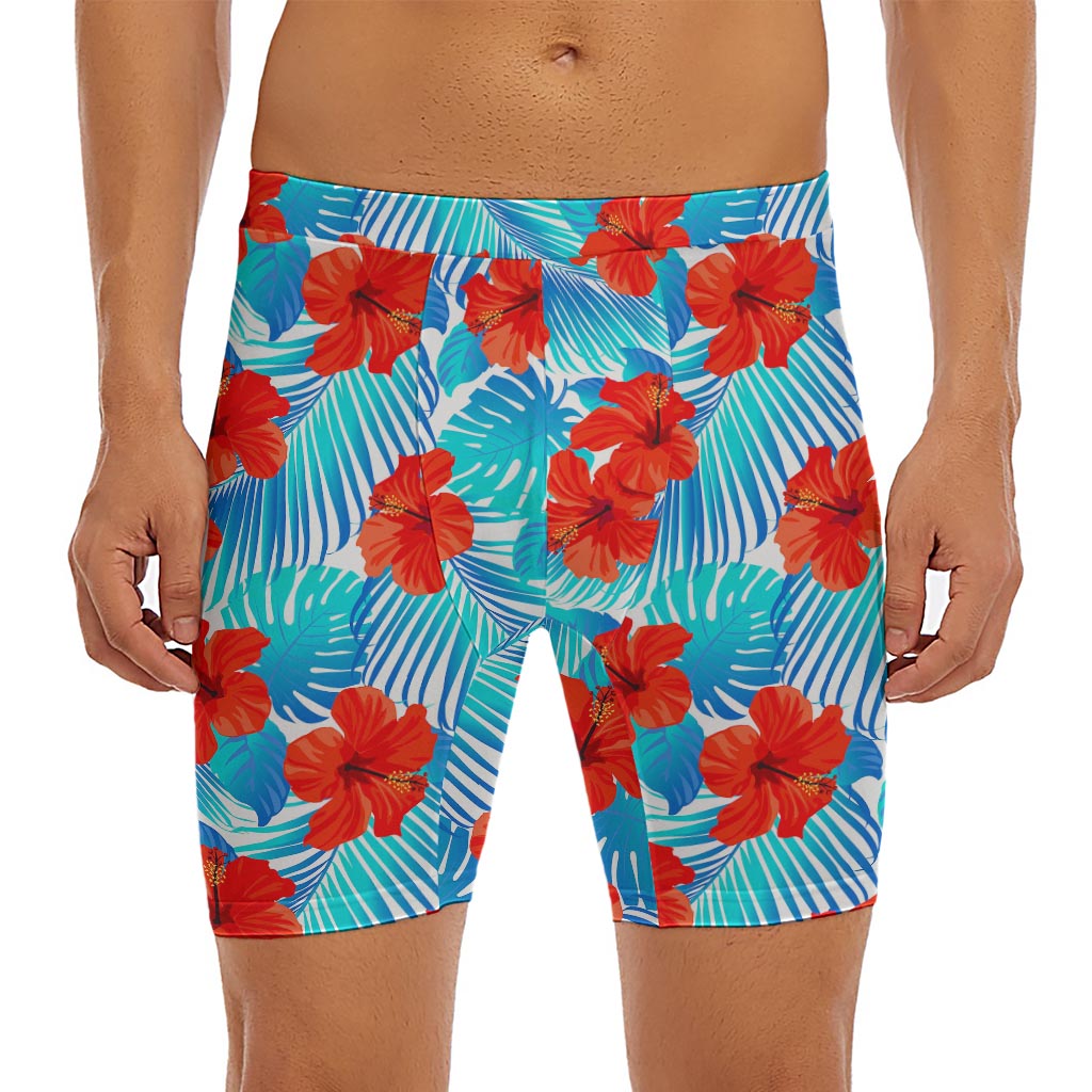 Blue Tropical Hibiscus Pattern Print Men's Long Boxer Briefs