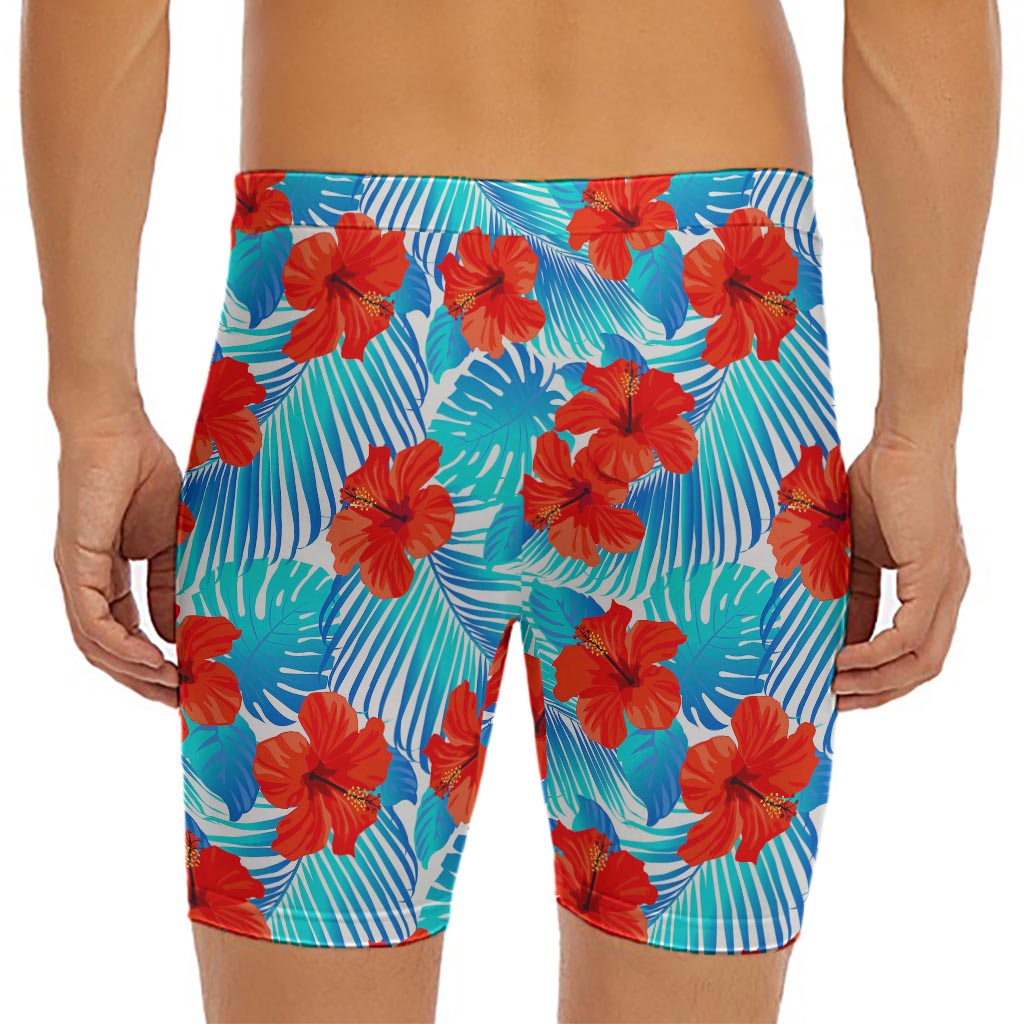 Blue Tropical Hibiscus Pattern Print Men's Long Boxer Briefs