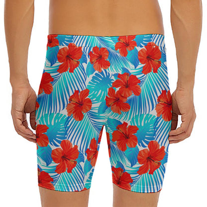 Blue Tropical Hibiscus Pattern Print Men's Long Boxer Briefs