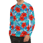 Blue Tropical Hibiscus Pattern Print Men's Long Sleeve Rash Guard