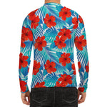 Blue Tropical Hibiscus Pattern Print Men's Long Sleeve Rash Guard