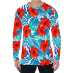 Blue Tropical Hibiscus Pattern Print Men's Long Sleeve T-Shirt