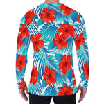 Blue Tropical Hibiscus Pattern Print Men's Long Sleeve T-Shirt