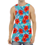 Blue Tropical Hibiscus Pattern Print Men's Muscle Tank Top