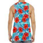 Blue Tropical Hibiscus Pattern Print Men's Muscle Tank Top