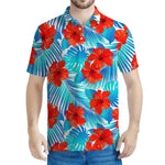 Blue Tropical Hibiscus Pattern Print Men's Polo Shirt