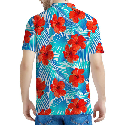 Blue Tropical Hibiscus Pattern Print Men's Polo Shirt