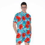 Blue Tropical Hibiscus Pattern Print Men's Rompers