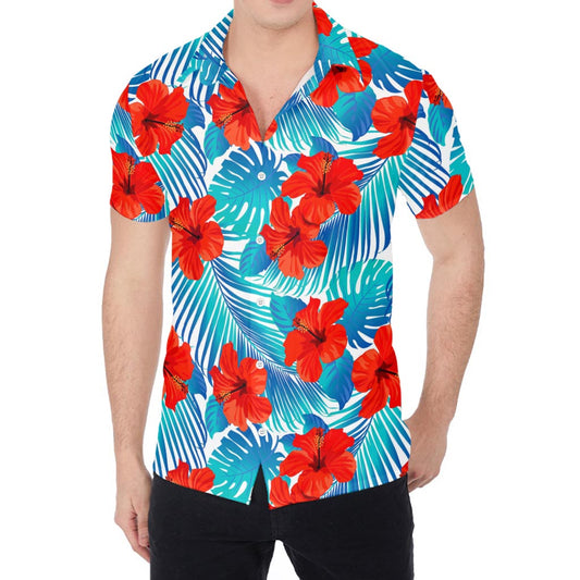 Blue Tropical Hibiscus Pattern Print Men's Shirt
