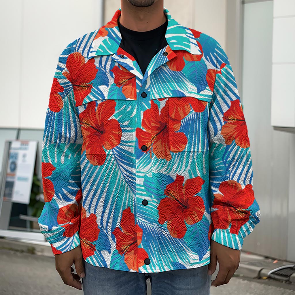 Blue Tropical Hibiscus Pattern Print Men's Shirt Jacket