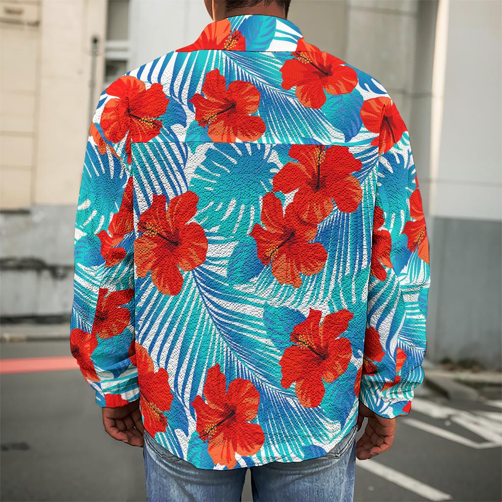 Blue Tropical Hibiscus Pattern Print Men's Shirt Jacket