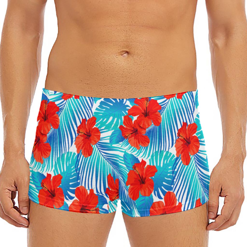 Blue Tropical Hibiscus Pattern Print Men's Short Boxer Briefs