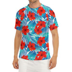 Blue Tropical Hibiscus Pattern Print Men's Short Sleeve Rash Guard