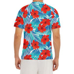 Blue Tropical Hibiscus Pattern Print Men's Short Sleeve Rash Guard