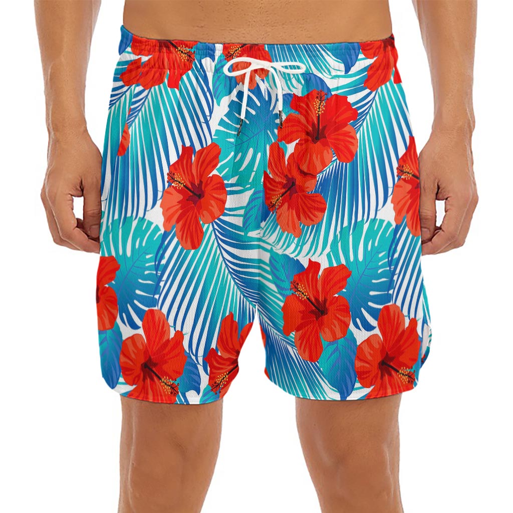 Blue Tropical Hibiscus Pattern Print Men's Split Running Shorts