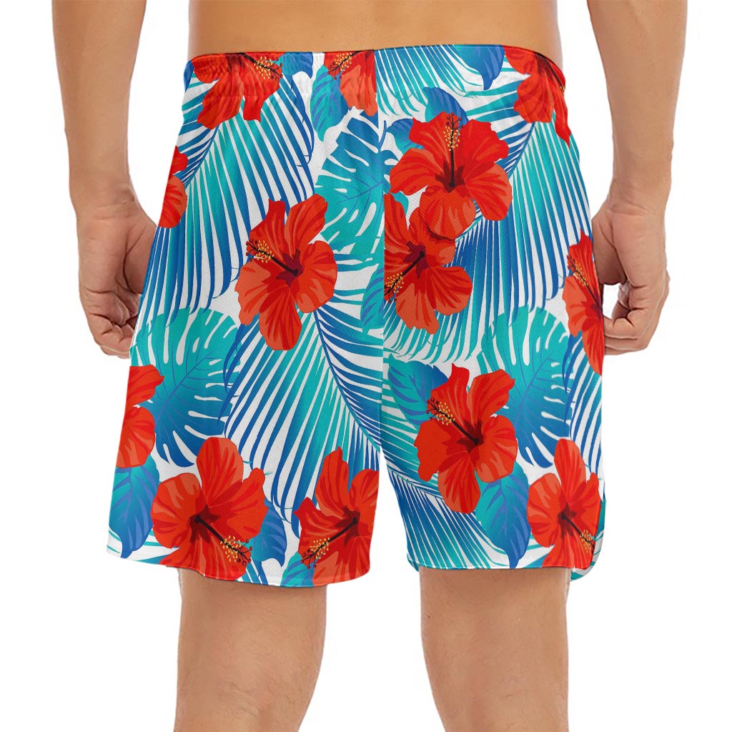 Blue Tropical Hibiscus Pattern Print Men's Split Running Shorts