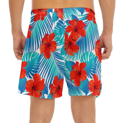 Blue Tropical Hibiscus Pattern Print Men's Split Running Shorts