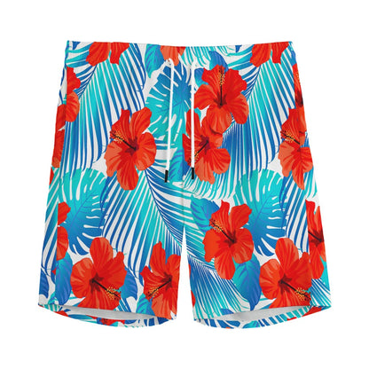 Blue Tropical Hibiscus Pattern Print Men's Sports Shorts