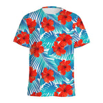 Blue Tropical Hibiscus Pattern Print Men's Sports T-Shirt