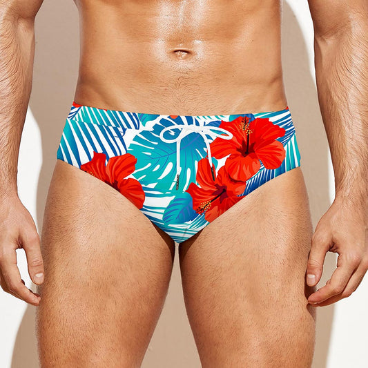 Blue Tropical Hibiscus Pattern Print Men's Swim Briefs