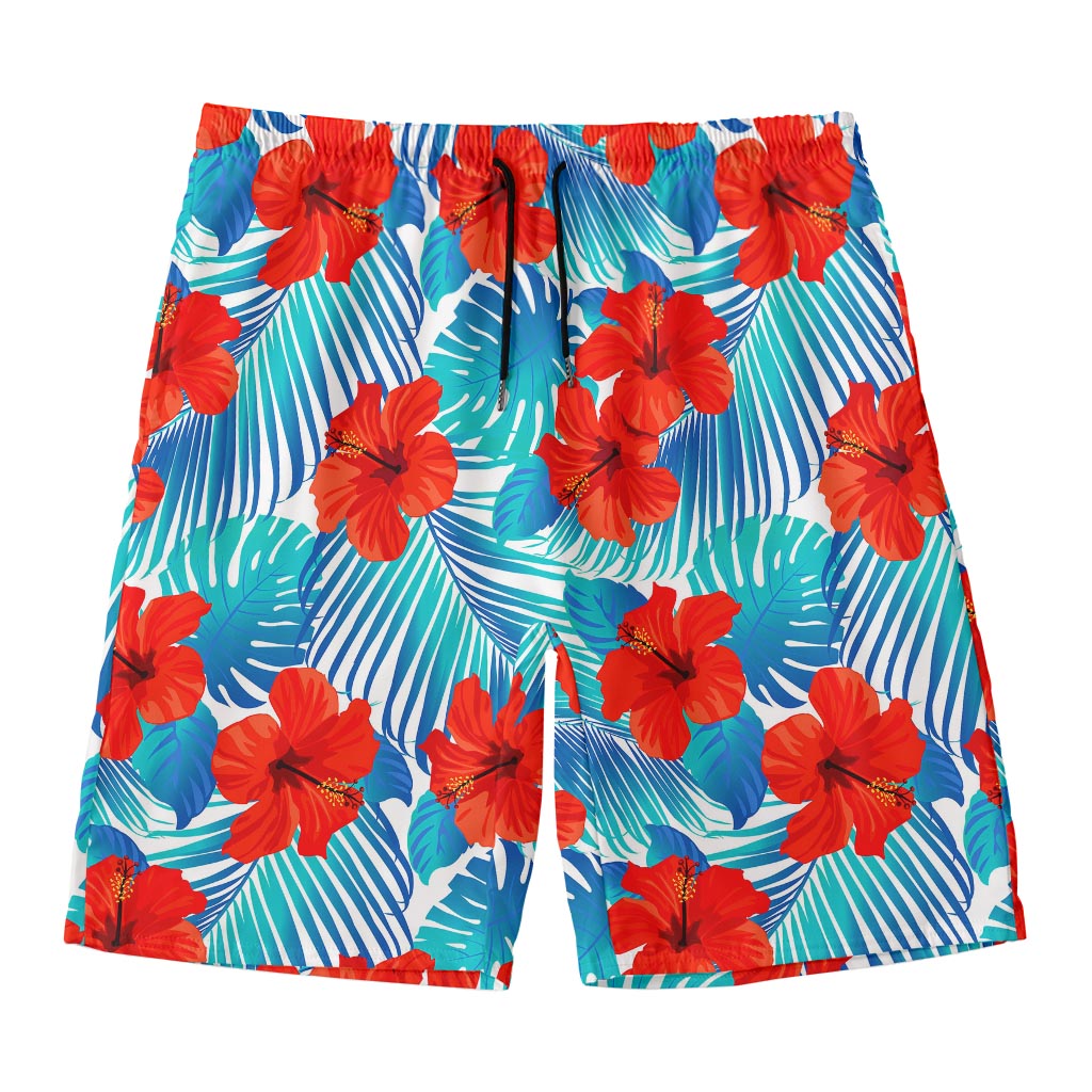 Blue Tropical Hibiscus Pattern Print Men's Swim Trunks