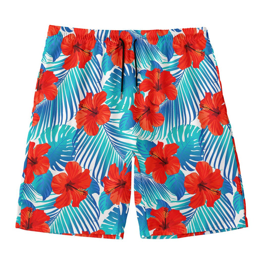 Blue Tropical Hibiscus Pattern Print Men's Swim Trunks