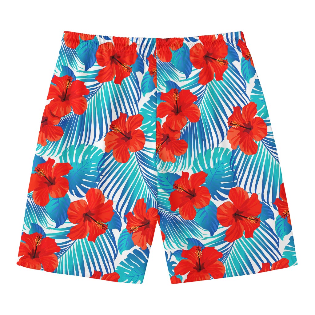 Blue Tropical Hibiscus Pattern Print Men's Swim Trunks