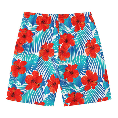 Blue Tropical Hibiscus Pattern Print Men's Swim Trunks