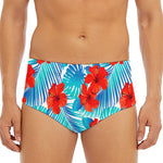 Blue Tropical Hibiscus Pattern Print Men's Triangle Swim Briefs