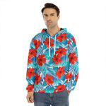 Blue Tropical Hibiscus Pattern Print Men's Velvet Pullover Hoodie
