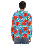 Blue Tropical Hibiscus Pattern Print Men's Velvet Pullover Hoodie