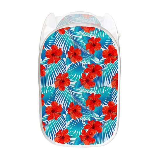 Blue Tropical Hibiscus Pattern Print Mesh Laundry Hamper