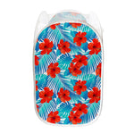 Blue Tropical Hibiscus Pattern Print Mesh Laundry Hamper