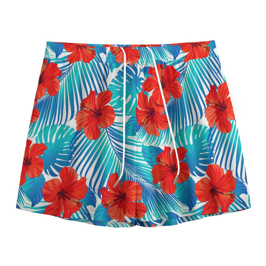Blue Tropical Hibiscus Pattern Print Mesh Shorts