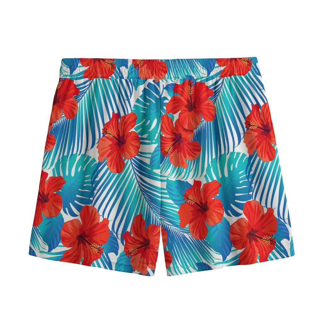 Blue Tropical Hibiscus Pattern Print Mesh Shorts