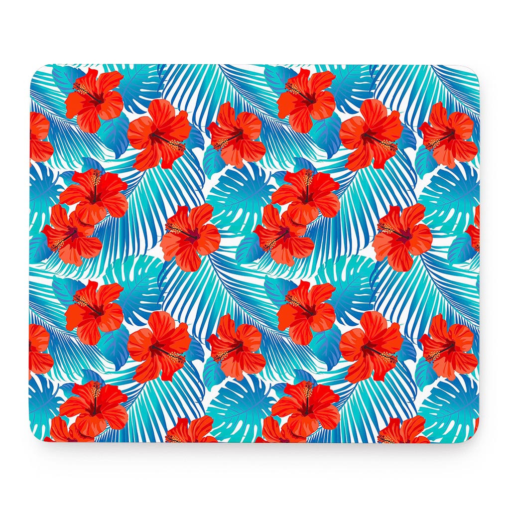 Blue Tropical Hibiscus Pattern Print Mouse Pad