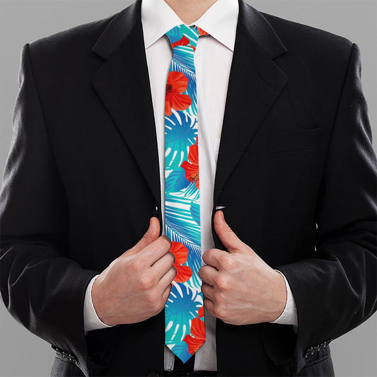 Blue Tropical Hibiscus Pattern Print Necktie