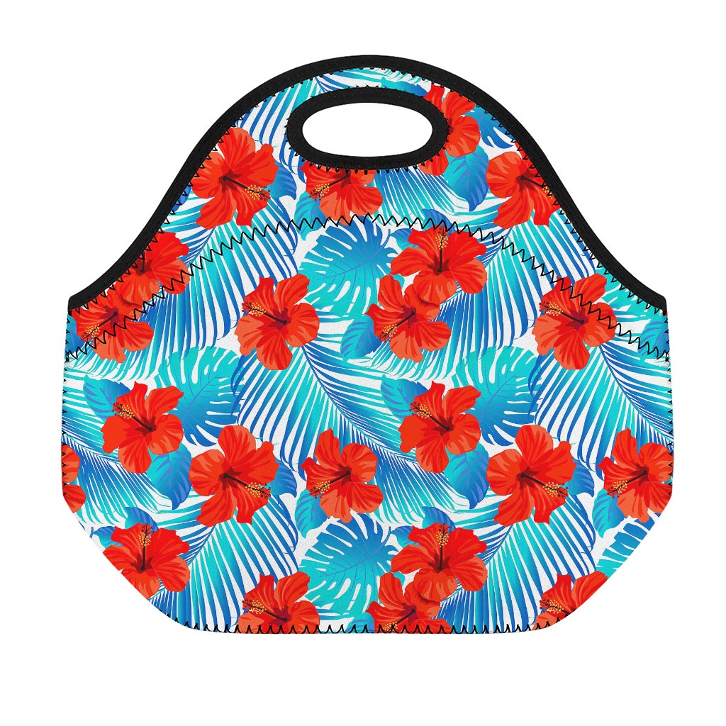 Blue Tropical Hibiscus Pattern Print Neoprene Lunch Bag