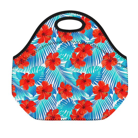 Blue Tropical Hibiscus Pattern Print Neoprene Lunch Bag