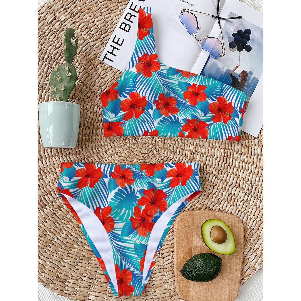 Blue Tropical Hibiscus Pattern Print One Shoulder Bikini Top
