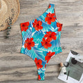 Blue Tropical Hibiscus Pattern Print One Shoulder Bodysuit