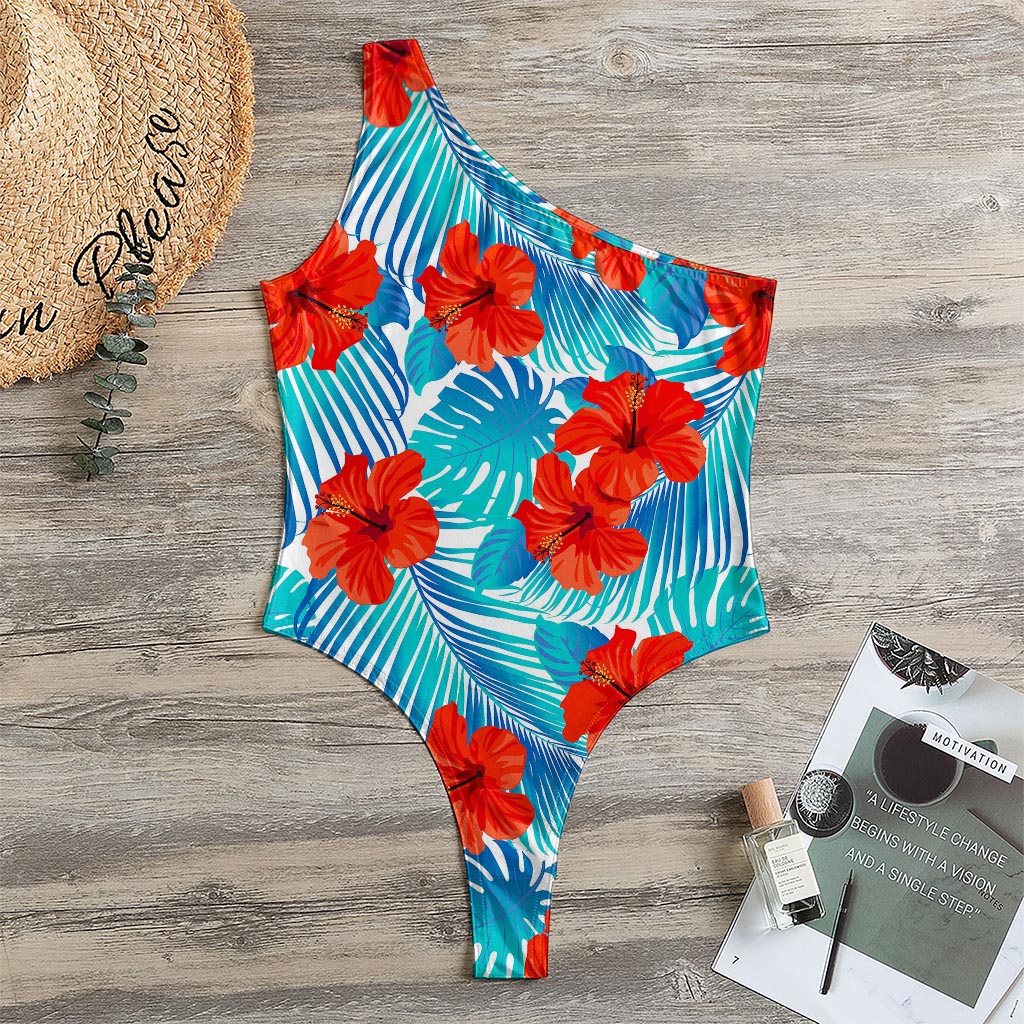 Blue Tropical Hibiscus Pattern Print One Shoulder Bodysuit