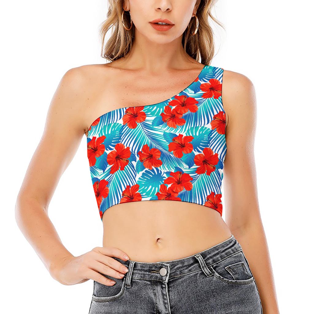 Blue Tropical Hibiscus Pattern Print One Shoulder Crop Top