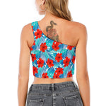 Blue Tropical Hibiscus Pattern Print One Shoulder Crop Top