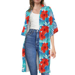 Blue Tropical Hibiscus Pattern Print Open Front Beach Cover Up