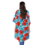 Blue Tropical Hibiscus Pattern Print Open Front Beach Cover Up