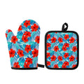 Blue Tropical Hibiscus Pattern Print Oven Mitt And Pot Holder Set