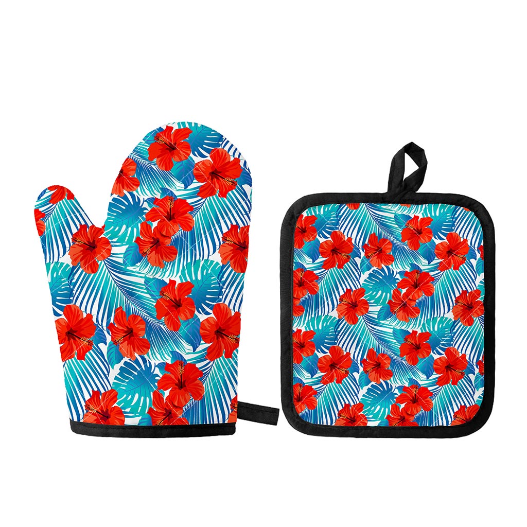 Blue Tropical Hibiscus Pattern Print Oven Mitt And Pot Holder Set