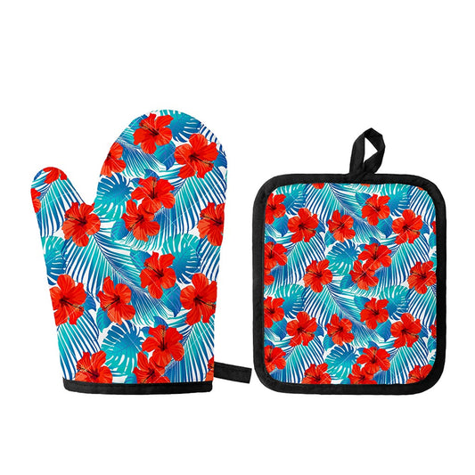 Blue Tropical Hibiscus Pattern Print Oven Mitt And Pot Holder Set